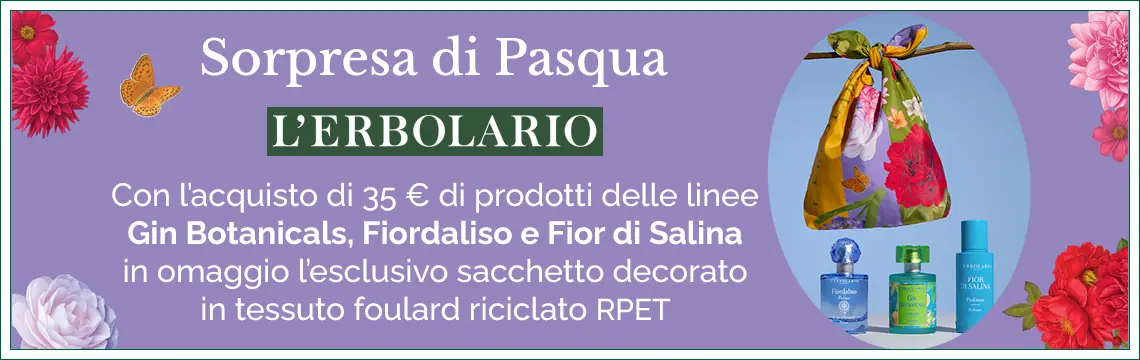 Acquista 35 euro di prodotti L'Erbolario delle linee Gin Botanicals, Fiordaliso e Fior di Salina, in omaggio l'esclusivo sacchetto decorato in tessuto foulard riciclato!