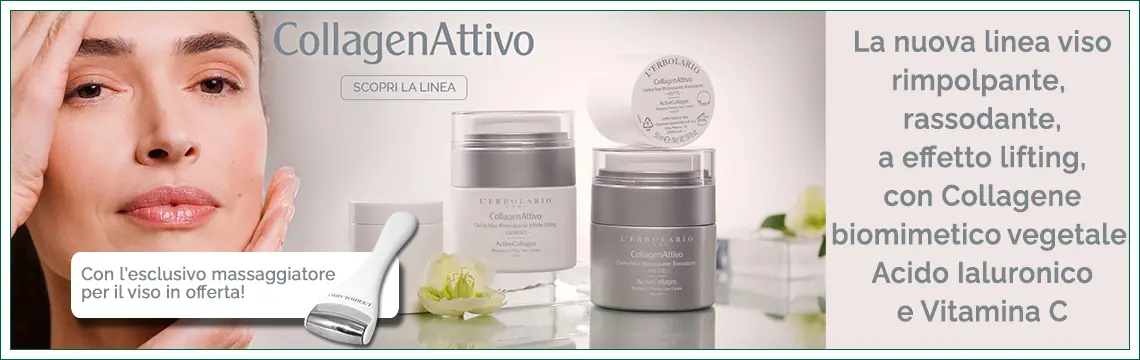 La linea anti age CollagenAttivo L'Erbolario racchiude trattamenti per viso, collo, contorno occhi e labbra ad azione rimpolpante, rassodante, effetto lifting, per pelli non pi giovani o mature, con le propriet e i benefici del Collagene biomimetico derivato tramite biotecnologia dalla fermentazione di substrati vegetali, affiancato dall'acido ialuronico, dalla vitamina C e da attivi naturali.