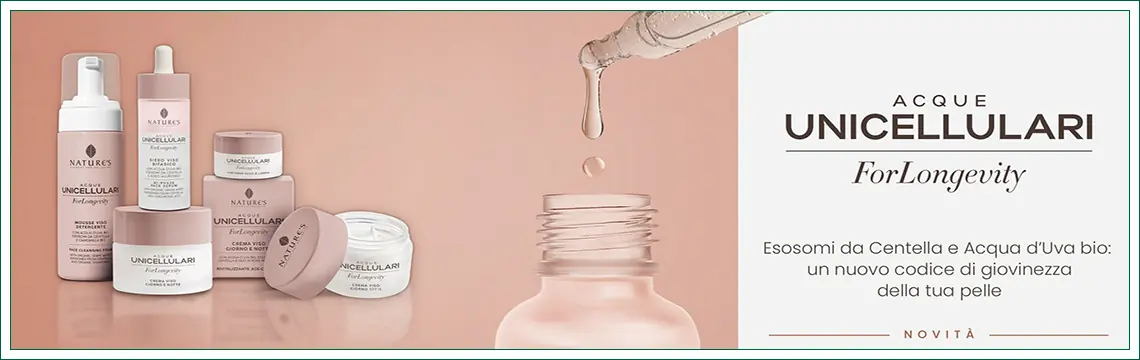 ForLongevity Nature's Bios Line č una linea naturale e biotecnologica che agisce sulle connessioni cellulari alla base di una pelle giovane, grazie allazione antiossidante dell'acqua d'Uva bio e alleffetto stimolante degli esosomi da centella asiatica.