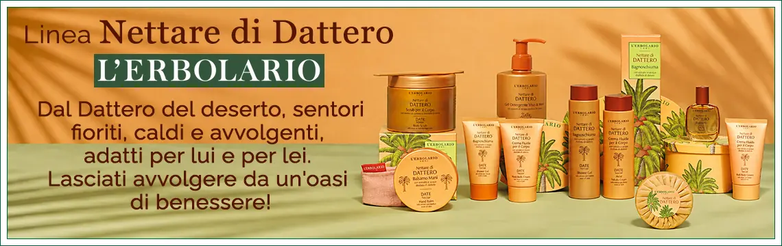 Il Dattero del deserto è il protagonista di questa linea dal profumo fiorito e gourmand, caldo e avvolgente: fragranze per lei e per lui, profumatori per ambienti, delicati prodotti di trattamento corpo. Dal Bagnoschiuma alla Crema fluida, dal Balsamo Mani allo Scrub esfoliante corpo, lasciati avvolgere da un'oasi di benessere!