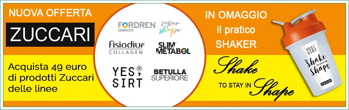 Acquista almeno 49 euro di prodotti Zuccari delle linee Fordren Complete Super Shape, Fisiodiur Collagen, Slim Metabol, Betulla Superiore, Yes Sirt, in omaggio il pratico Shaker 'Shake to be in Shape' per le tue bevande, cocktail, frullati!