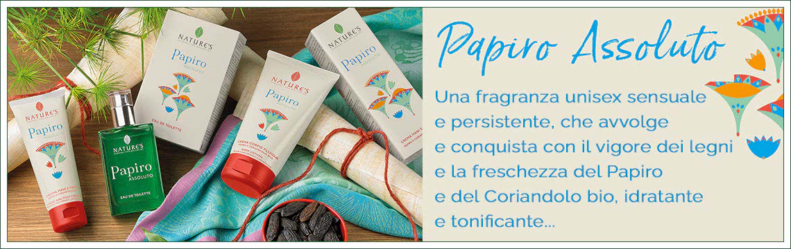 La linea cosmetica Papiro Assoluto Nature's Bios Line  caratterizzata da una fragranza unisex con una spiccata personalit, sensuale e persistente che avvolge e conquista mentre cede il primo piano alla freschezza inaspettata del Papiro.