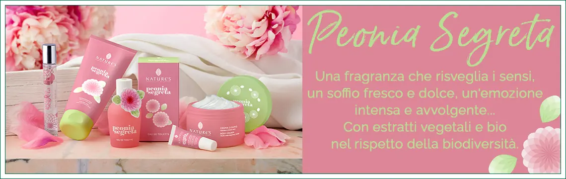 Peonia Segreta Nature's Bios Line č una linea profumata che risveglia i sensi con un soffio fresco e dolce, poi si fa emozione intensa e avvolgente. Enigmatica, morbida e luminosa, pervade i pensieri come un bellissimo ricordo. Con estratti vegetali e bio nel rispetto della biodiversitą.