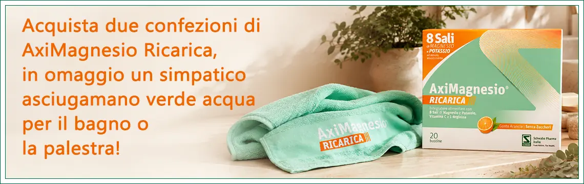 Acquista 2 confezioni di AxiMagnesio Ricarica, in omaggio un simpatico asciugamano verde acqua per dare un tocco di colore al tuo bagno!