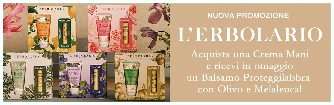 Con la Promozione L'Erbolario Mani e Labbra, ogni Crema Mani offre il ProteggiLabbra Balsamico Olivo e Melaleuca in omaggio!