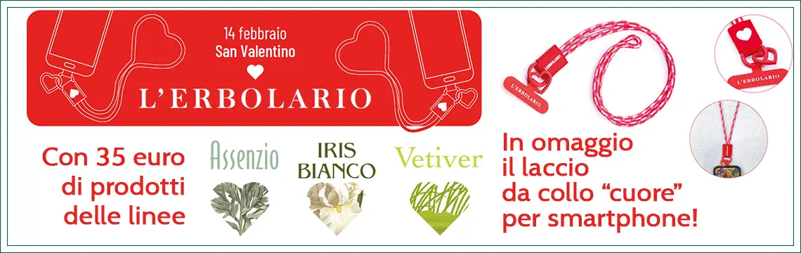 Acquista 35 euro di prodotti delle linee L'erbolario Assenzio, Iris Bianco e Vetiver, in omaggio il romantico laccio da collo 'Cuore' per smartphone!